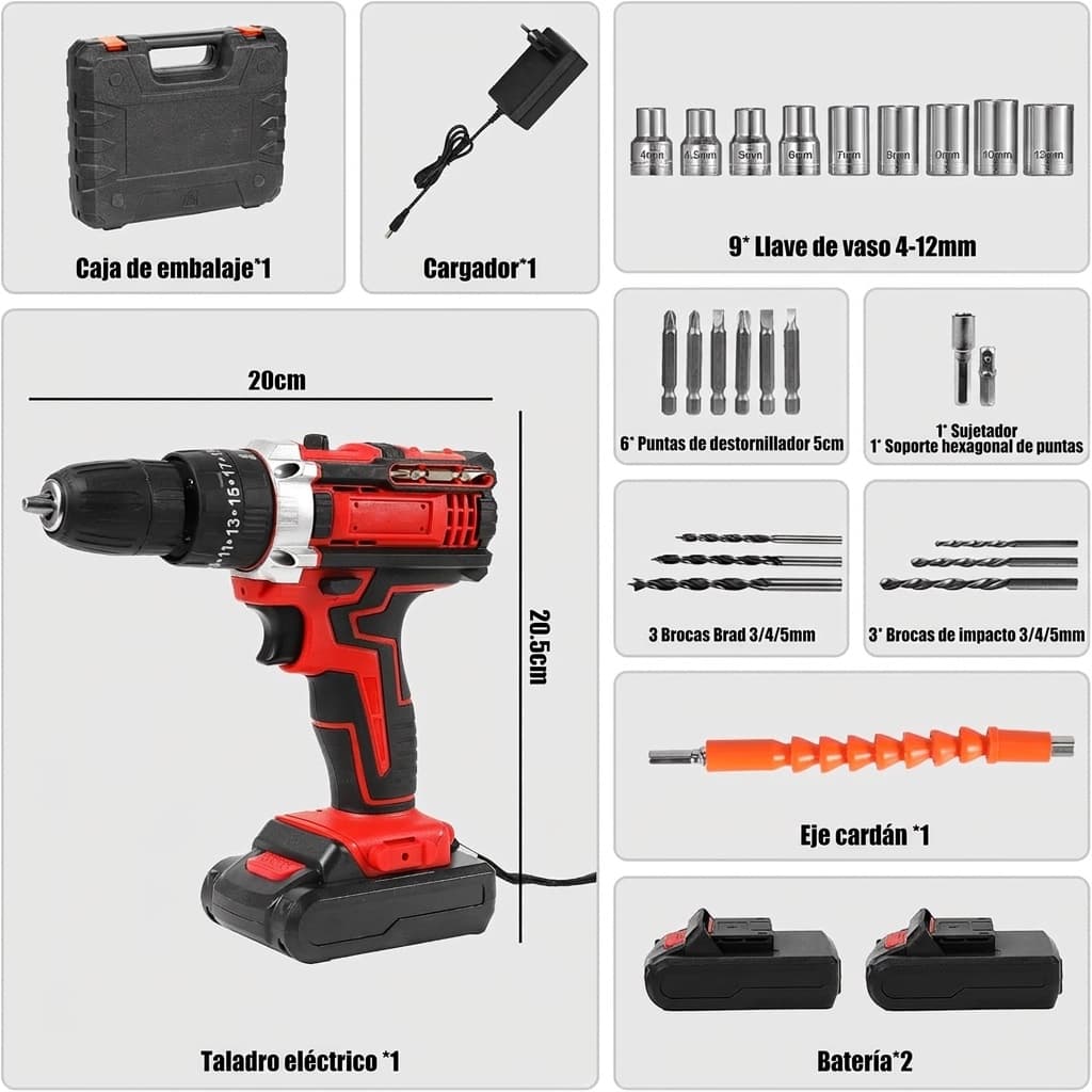 Todas las piezas del kit: taladro, 2 baterías, cargador, vasos, puntas, brocas, eje flexible y maletín