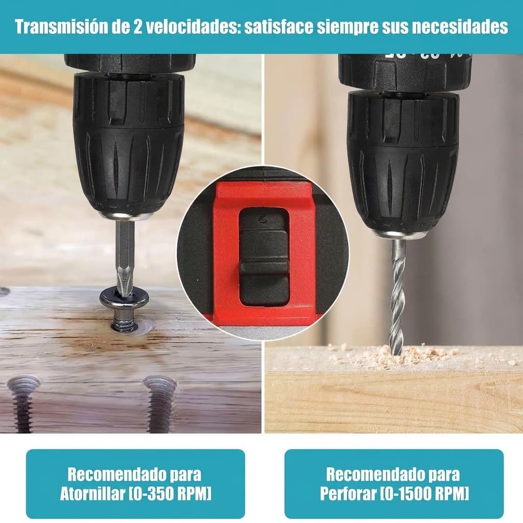 Interruptor de 2 velocidades en la parte superior del taladro
