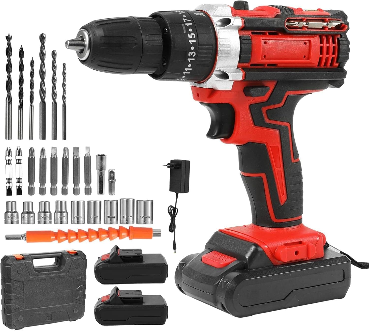 Kit de taladro inalámbrico 21 V rojo con dos baterías, cargador, brocas, vasos y maletín
